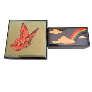 Vintage Mini Lacquer Trinket Boxes Lot of 2 Butterfly Rainbow Enamel Snuff Pill
